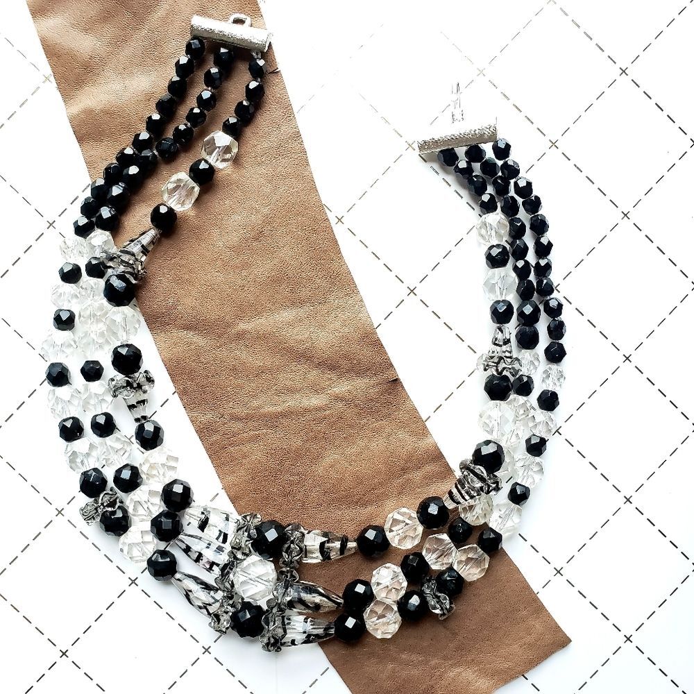 Crystal Beaded Triple Row Necklace Vintage Glass